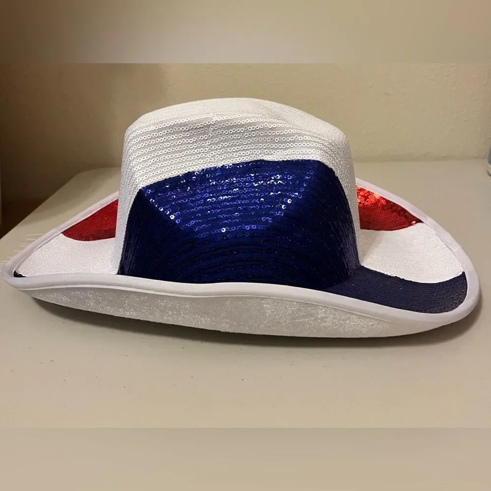 Patriotic Sequin Cowboy Hat - White, Red & Blue